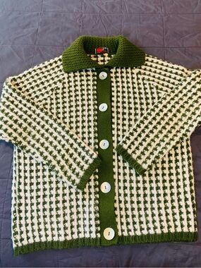 Vintage St Michael Women’s Olive & Cream Grandpa-core Button-Up Knit Cardigan.